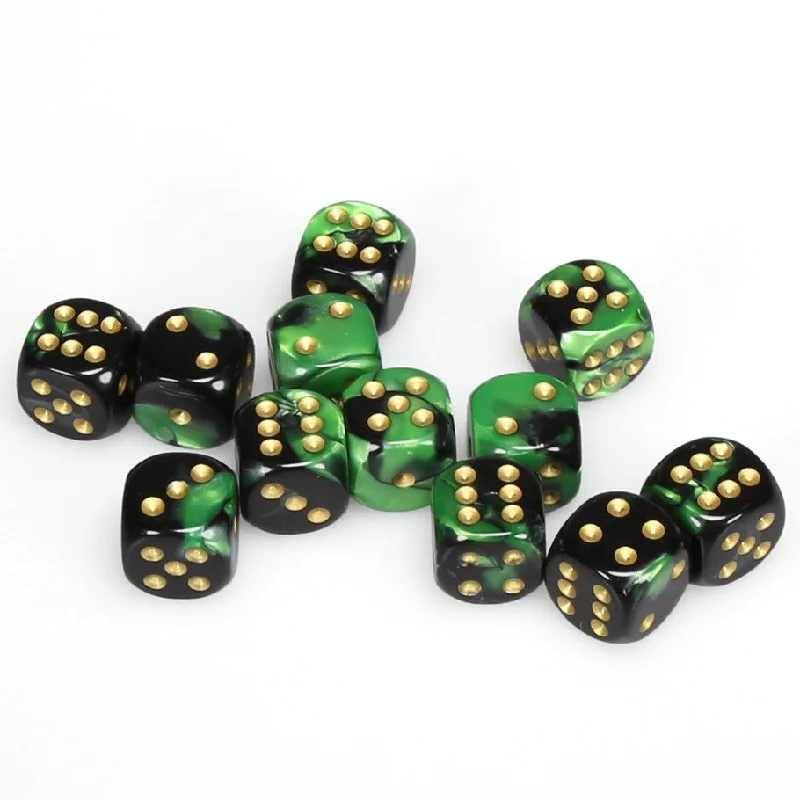 Gemini® 16mm d6 Black-Green/gold Dice Block™ (12 dice)