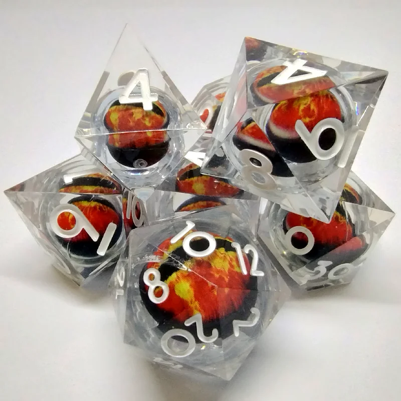 Liquid Core Dragon Eye Dice Kit - Translucent with Red Dragon Eye in Black Suedecloth Pouch